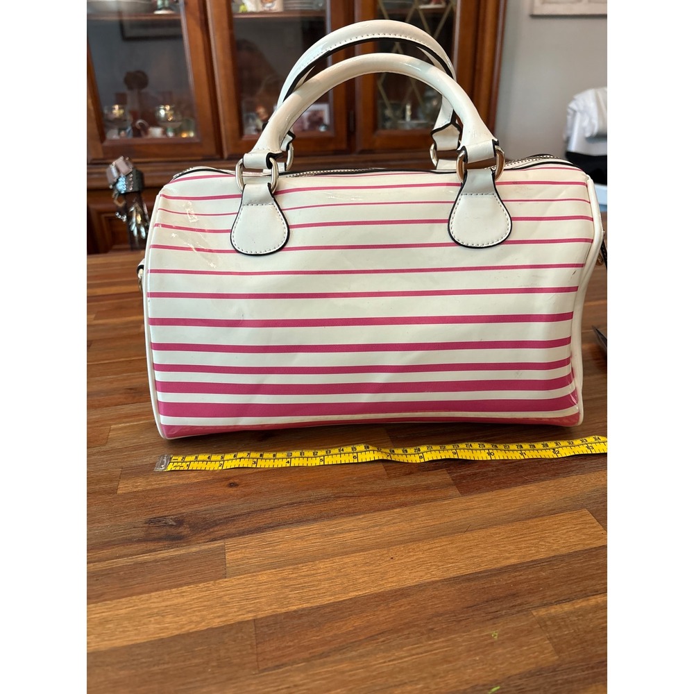 Galian Satchel Women Medium White Pink Good Striped Patent Bowler Bag Handbag